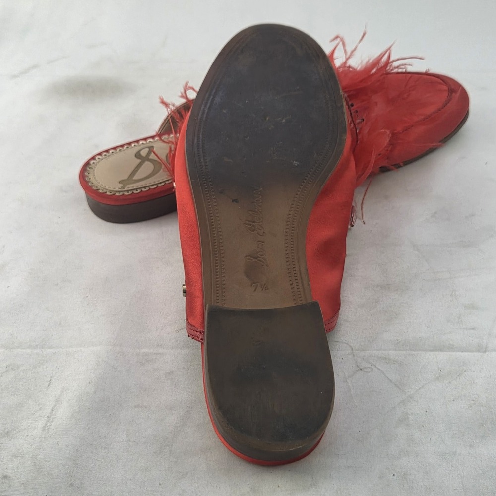 Sam Edelman Mules Womens Size 7.5 M Red Satin Feather Embellished Slip On Shoes - Picture 8 of 8